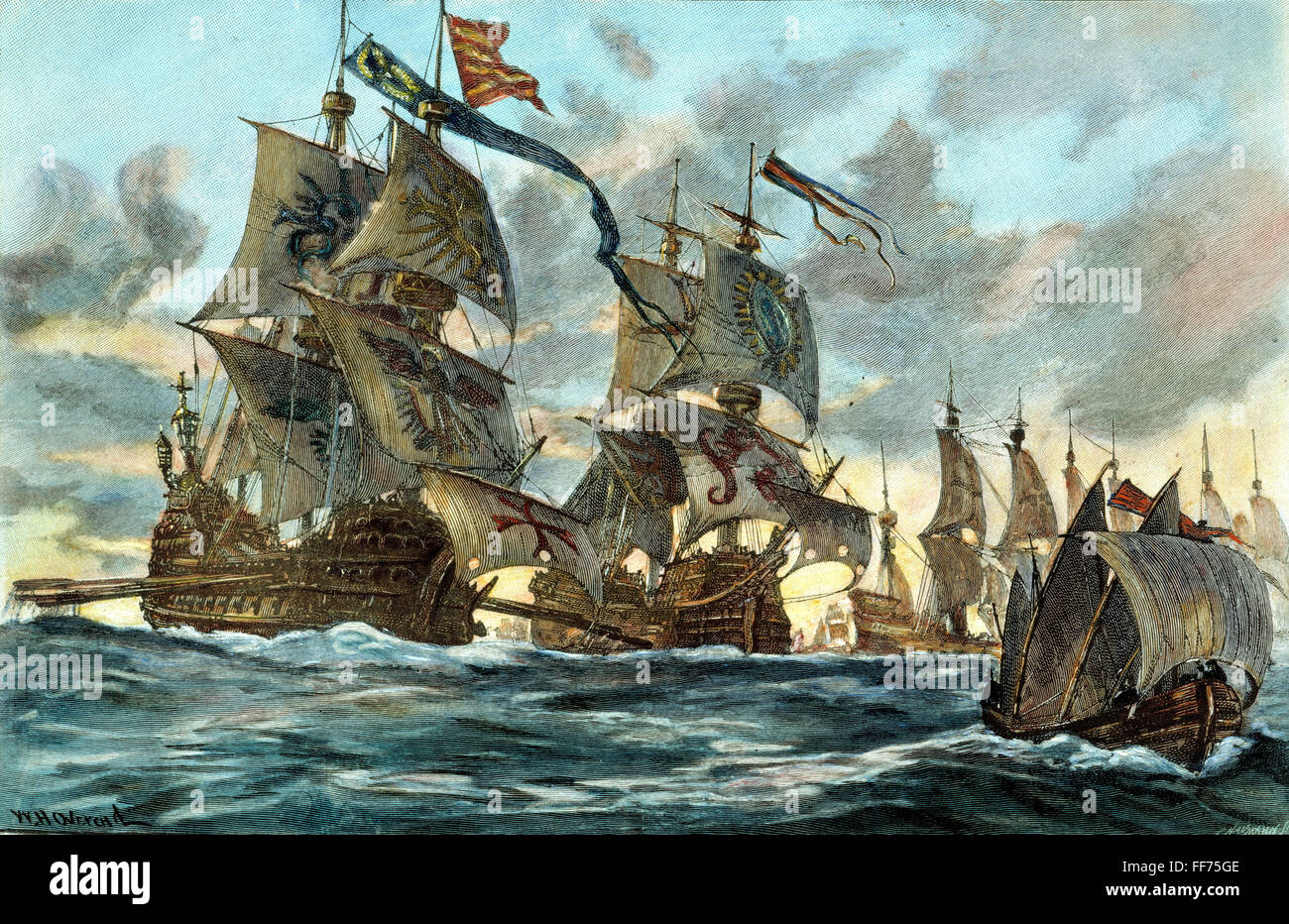 ARMADA ESPAGNOLE (1588). Jusqu'nComing /la Manche. Gravure couleur, 19e siècle. Banque D'Images
