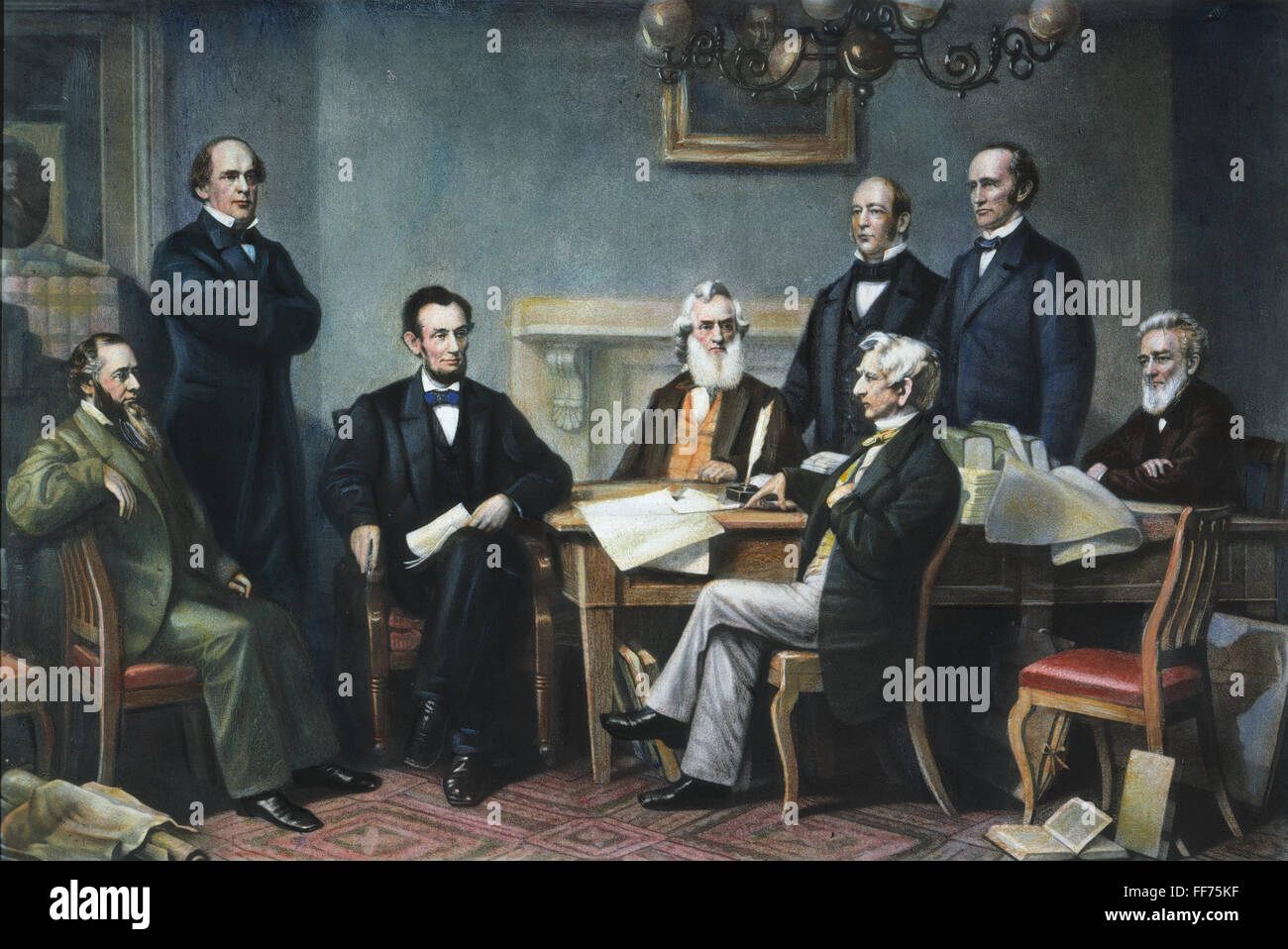PROCLAMATION D'ÉMANCIPATION. /Nla première lecture de la proclamation d'Émancipation avant qu'Abraham Lincoln's cabinet en 1862 ; debout de gauche à droite : Salmon P. Chase, Caleb B. Smith, Montgomery Blair ; assis, de gauche à droite : Edwin M. Stanton, le président Lincoln, Banque D'Images