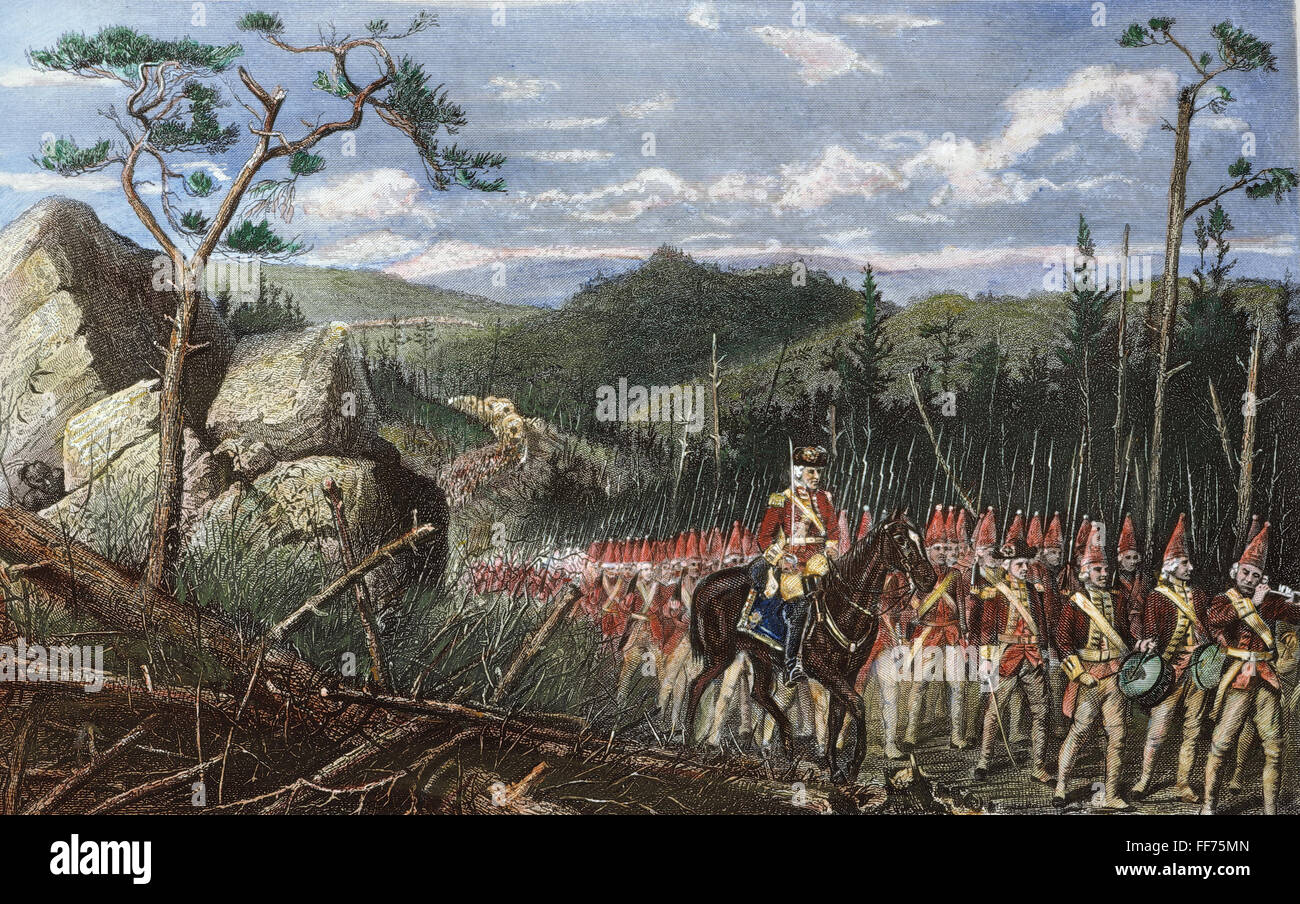 /Mars du général Braddock npour le fort Duquesne en 1755. La gravure de ligne, 19e siècle. Banque D'Images
