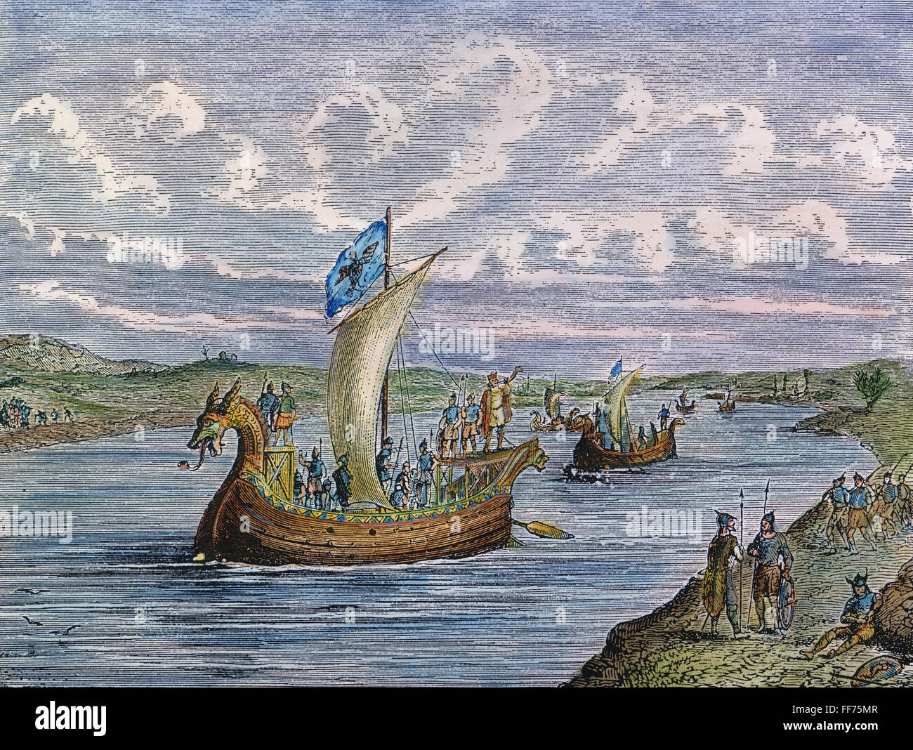 Les navires vikings, 1000 A.D. /nNorse navigators dans la baie de Narragansett (Rhode Island) moderne. La gravure sur bois, cuisine américaine, 19e siècle. Banque D'Images