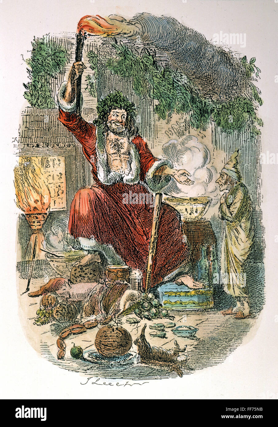 DICKENS : un chant de noël. /Nle Deuxième des trois esprits (le fantôme du Noël Présent) : gravure couleur par John Leech à partir de la première édition de Charles Dickens' 'A Christmas Carol'. Banque D'Images