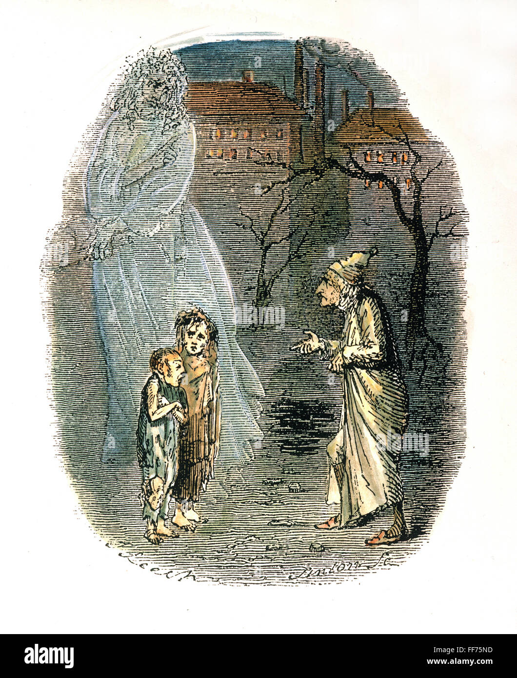 DICKENS : un chant de noël. /NIgnorance et voulez. Gravure couleur par John Leech à partir de la première édition de Charles Dickens' 'A Christmas Carol', 1843. Banque D'Images