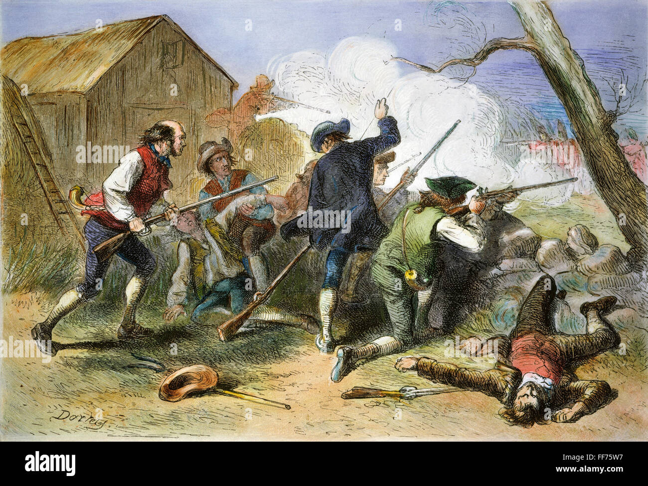 Bataille de Lexington, 1775. /N19 avril 1775. Gravure couleur, 19e siècle. Banque D'Images