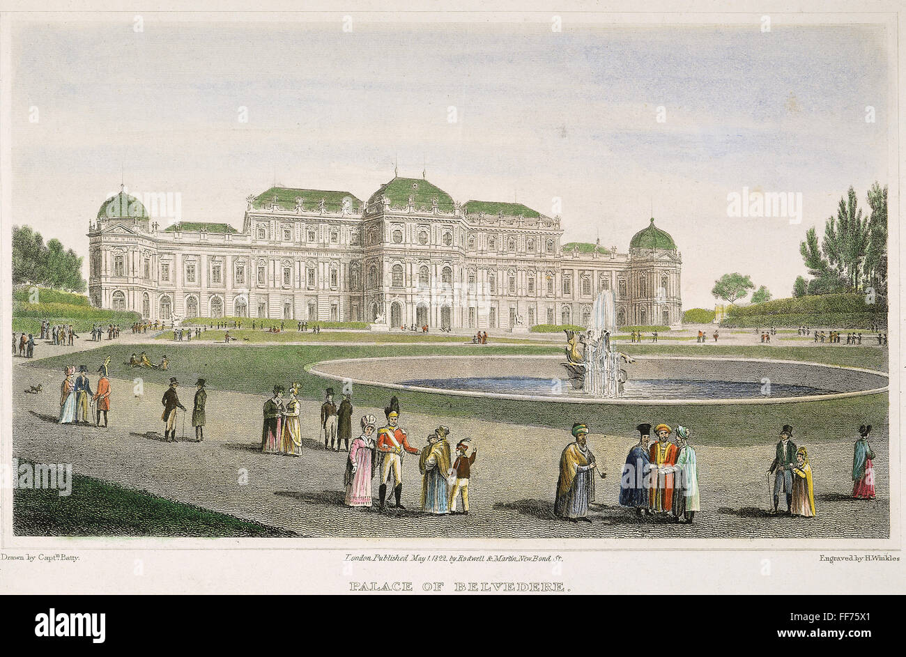 Vienne : BELVÉDÈRE, 1822. /Nla Palais de Belvédère à Vienne, Autriche. Gravure en ligne, 1822, d'après un dessin de Robert Batty. Banque D'Images