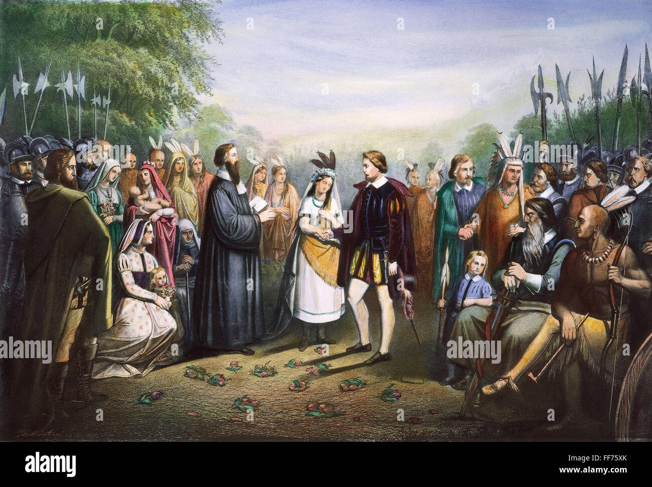 POCAHONTAS ET JOHN ROLFE. /Nla mariage de Pocahontas et de John Rolfe à Jamestown, en Virginie, en avril 1614. Lithographie, 19ème siècle. Banque D'Images