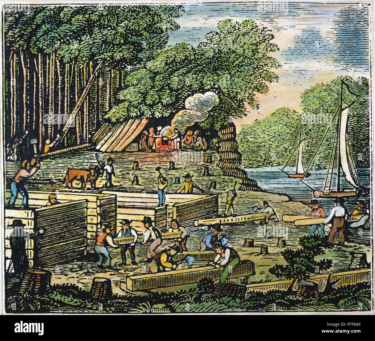 JAMESTOWN : règlement. /Nla construction de Jamestown, la Virginie : gravure couleur, 19e siècle. Banque D'Images