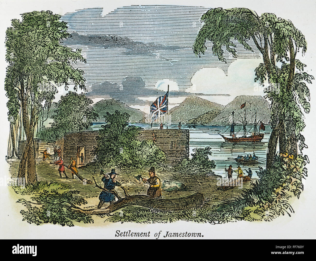 JAMESTOWN. /Nla colonie de Jamestown, en Virginie, en 1607 : la gravure couleur, 19e siècle. Banque D'Images