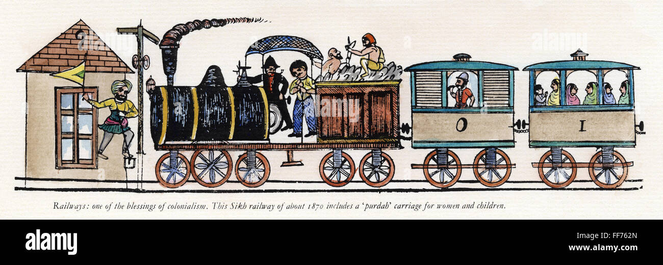 Des chemins de fer indiens, c1870. /Aucune des bénédictions du colonialisme : un Sikh de fer qui inclut une pudrah' transport pour les femmes et les enfants. Lahore populaires ou Amritsar woodcut, c1870. Banque D'Images