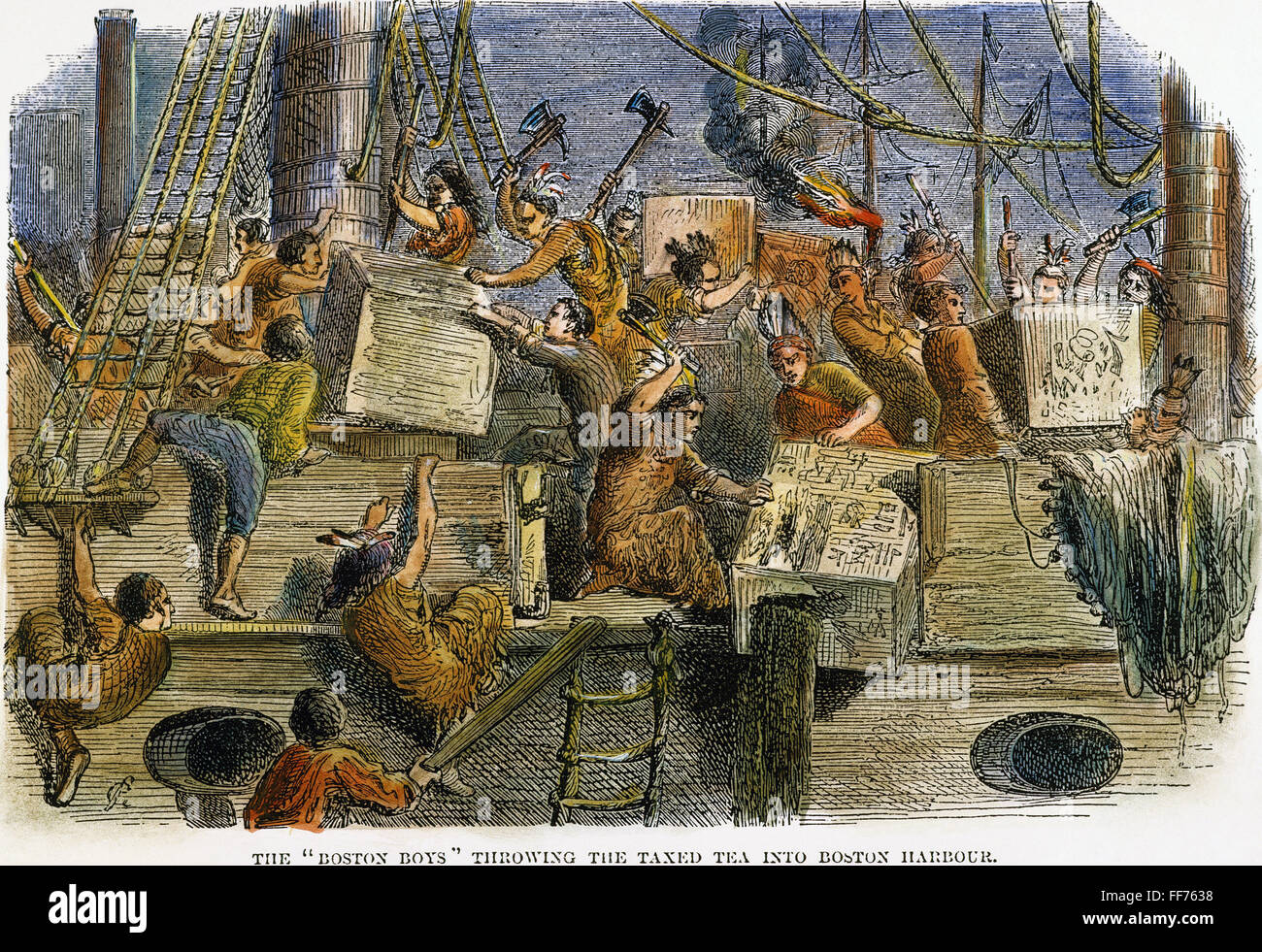 Le Boston Tea Party, 1773. /N16 décembre 1773. Gravure couleur, 19e siècle. Banque D'Images
