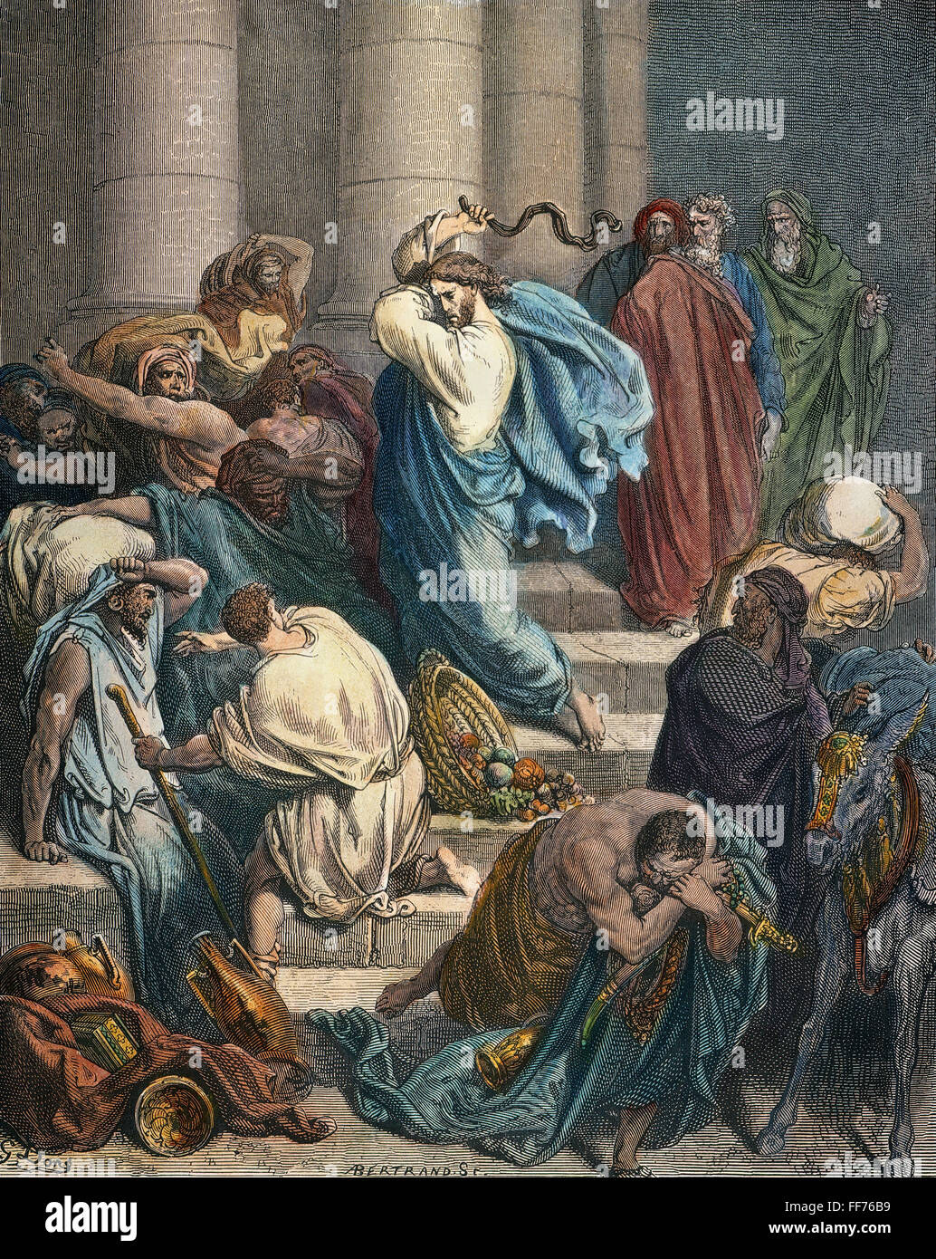 Le CHRIST AU TEMPLE. /Nla acheteurs et vendeurs chassés du Temple (Luc 19:46). Gravure couleur après Gustave DorΘ. Banque D'Images