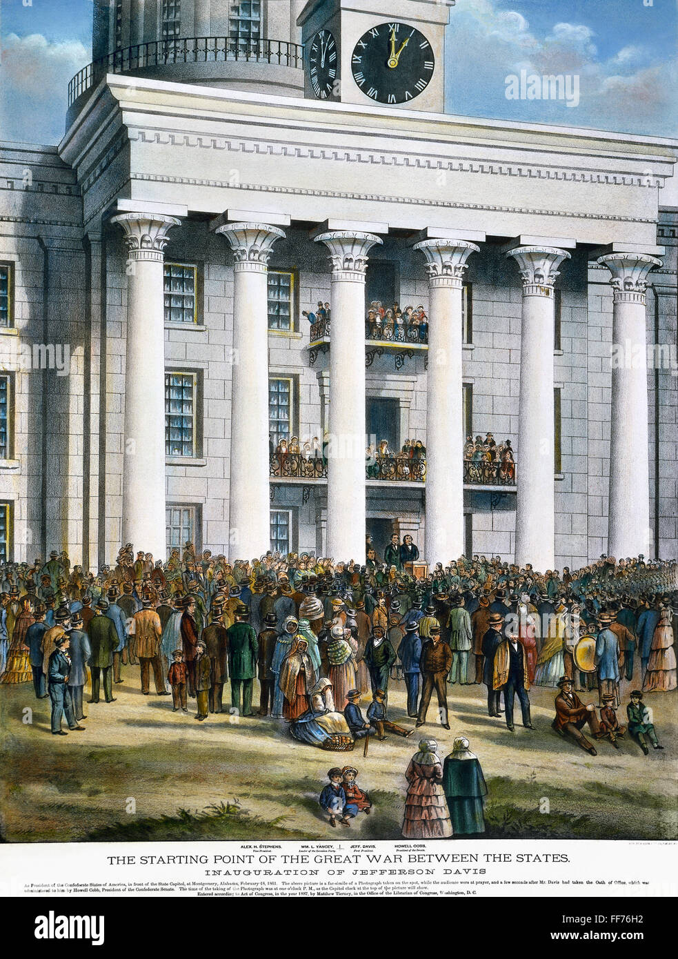 JEFFERSON DAVIS /n(1808-1889). L'inauguration de Davis comme président des États confédérés d'Amérique à Montgomery, en Alabama, le 18 février 1861 : lithographie, 19ème siècle. Banque D'Images