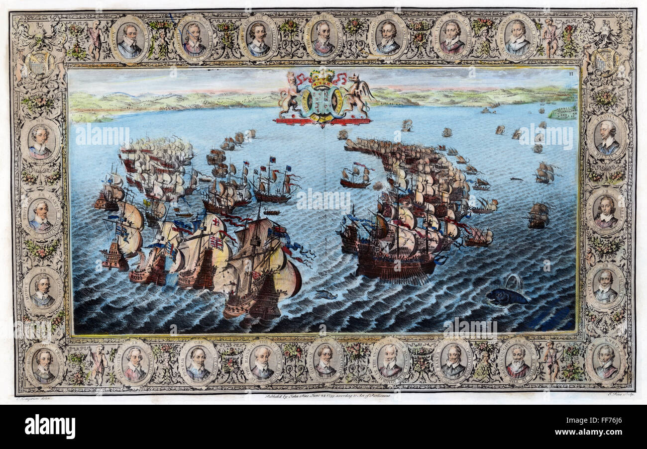 L'Armada espagnole, 1588. /N'Til flotte espagnole contre Fowey, établi sous la forme d'une demi-lune, et la flotte anglaise poursuivre." La défaite de l'Armada espagnole, le deuxième jour. Gravure en ligne avec des portraits de commandants Anglais le long de la frontière, l'anglais Banque D'Images