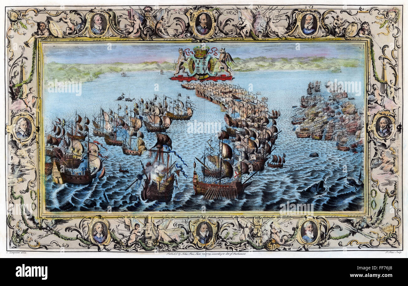 L'Armada espagnole, 1588. /Ndeux batailles entre la Royal Navy et l'Armada espagnole. Gauche : le galion espagnol 'San Salvador" on met le feu et capturé par les Anglais. Droite : bataille au large de l'île de Portsmouth. Gravure en ligne avec des portraits de l'Engl Banque D'Images