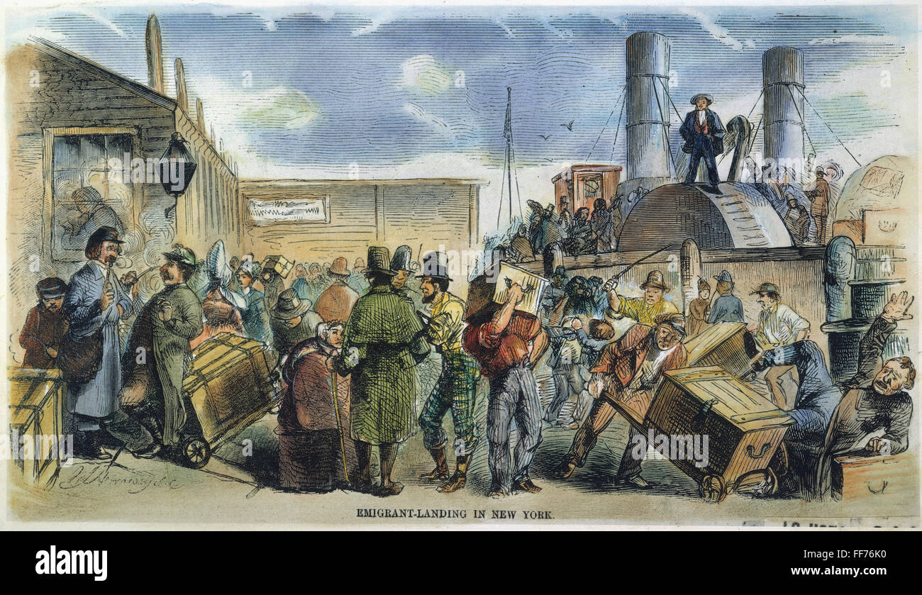 Les immigrants européens, NYC. /NArriving à New York City : gravure couleur, 1858. Banque D'Images