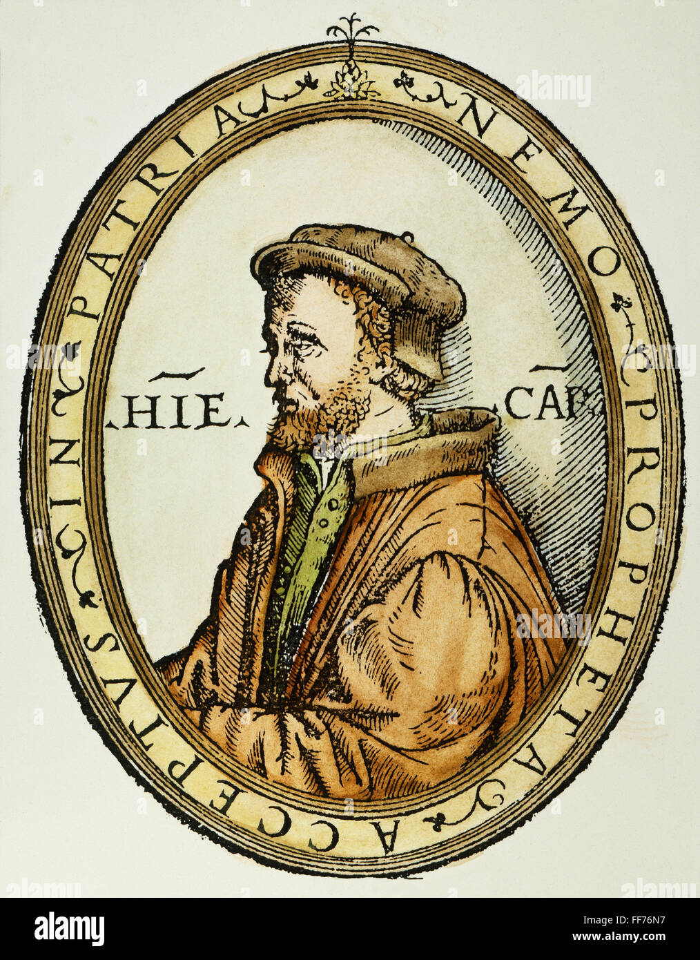 GERONIMO CARDANO /n(1501-1576). Mathématicien italien, médecin et astrologue. Gravure sur bois à partir de la couverture de son arithmetice « Practica,' 1539. Banque D'Images