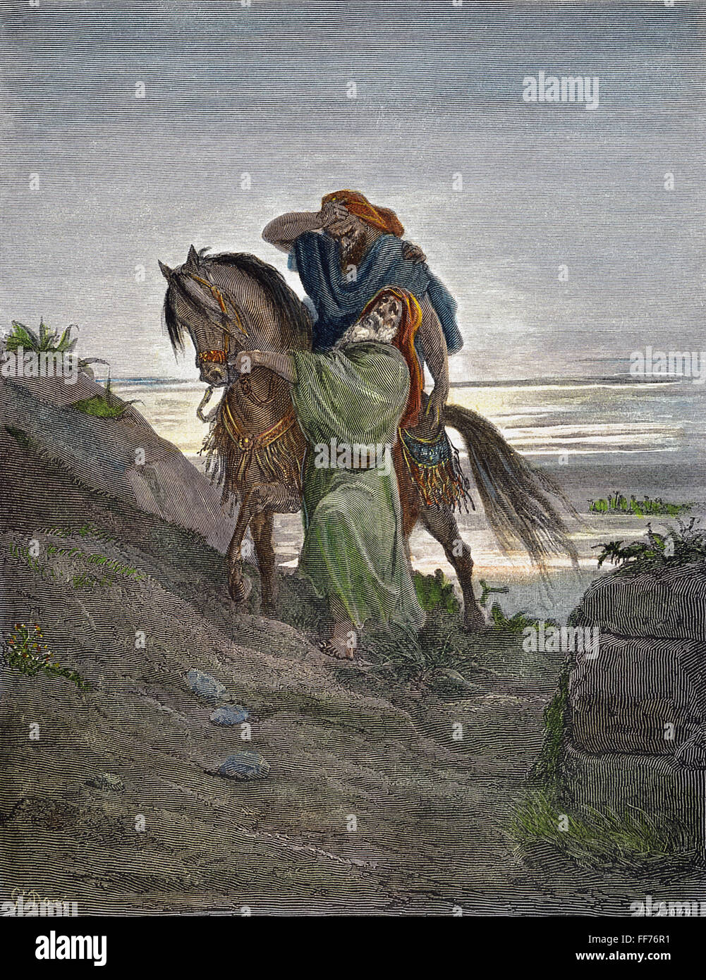 ╔ DOR : bon samaritain. /N(Luc 10:33,34). La gravure sur bois après Gustave DorΘ. Banque D'Images