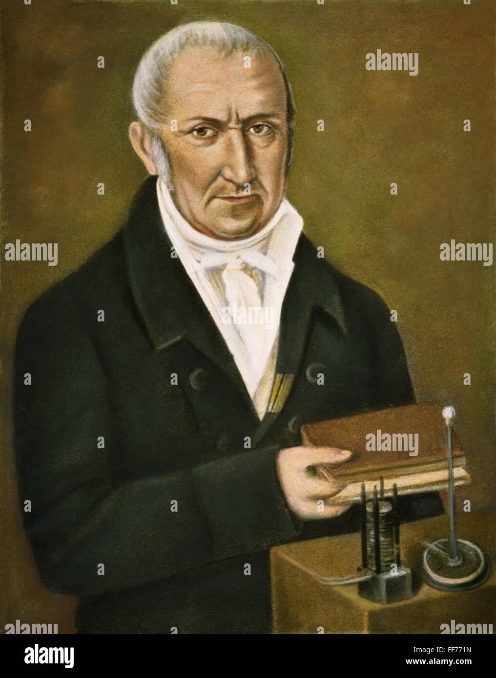 Compter Alessandro Volta /n(1745-1827). Le physicien italien. Portrait par un artiste inconnu, avec une pile voltaïque illustré à droite au premier plan. Banque D'Images