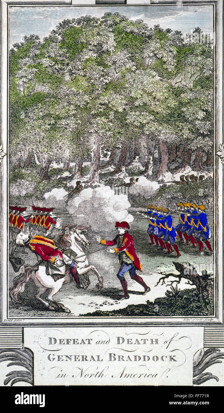 BRADDOCK : FORT DUQUESNE. /Nexigences générales Edward Braddock est défaite et mort sur son expédition contre Fort Duquesne, juillet 1755. Gravure sur cuivre, l'anglais, 18ème siècle. Banque D'Images