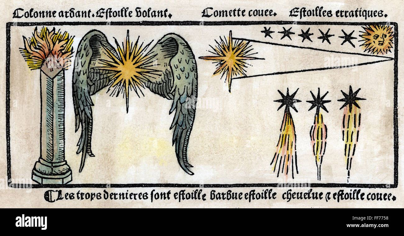 Comète, 1496. NDifferent /formes de comètes. Gravure sur bois en couleur de Nicolas Le Rouge 'Le grant kalendrier et compost des bergieres', Troyes, 1496. Banque D'Images