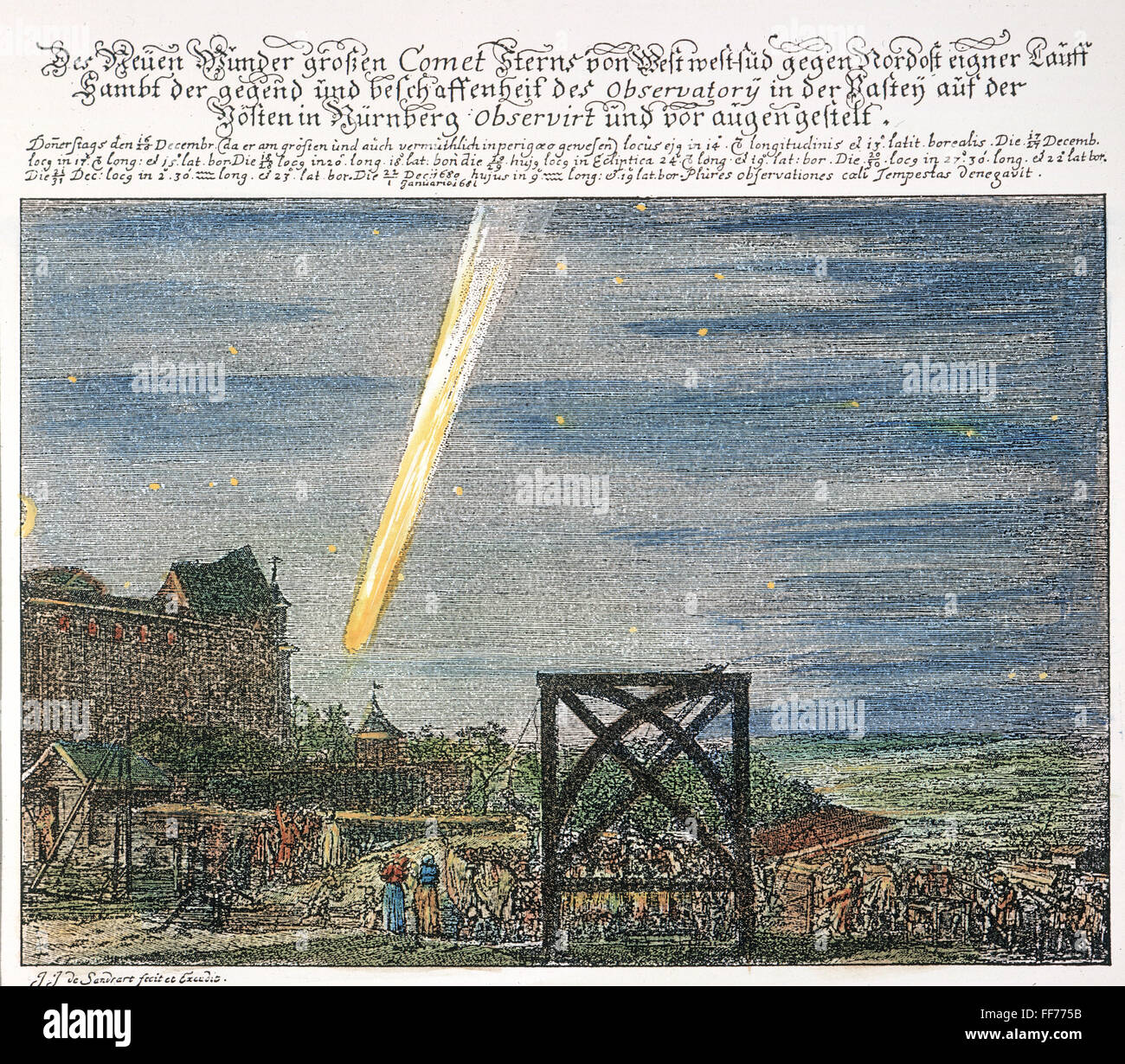 La comète de Halley, 1680. NContemporary gravure couleur /allemand. Banque D'Images