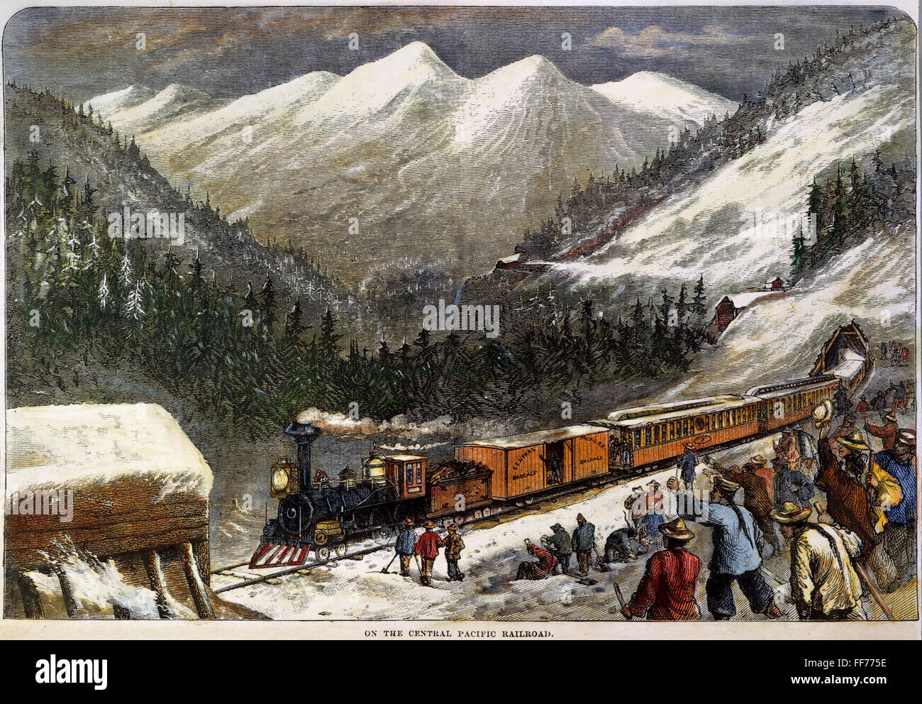 Travail chinois : RAILROAD. Des ouvriers à nChinese /pare-avalanches sur la Central Pacific Railroad en Californie : gravure couleur, c1868. Banque D'Images
