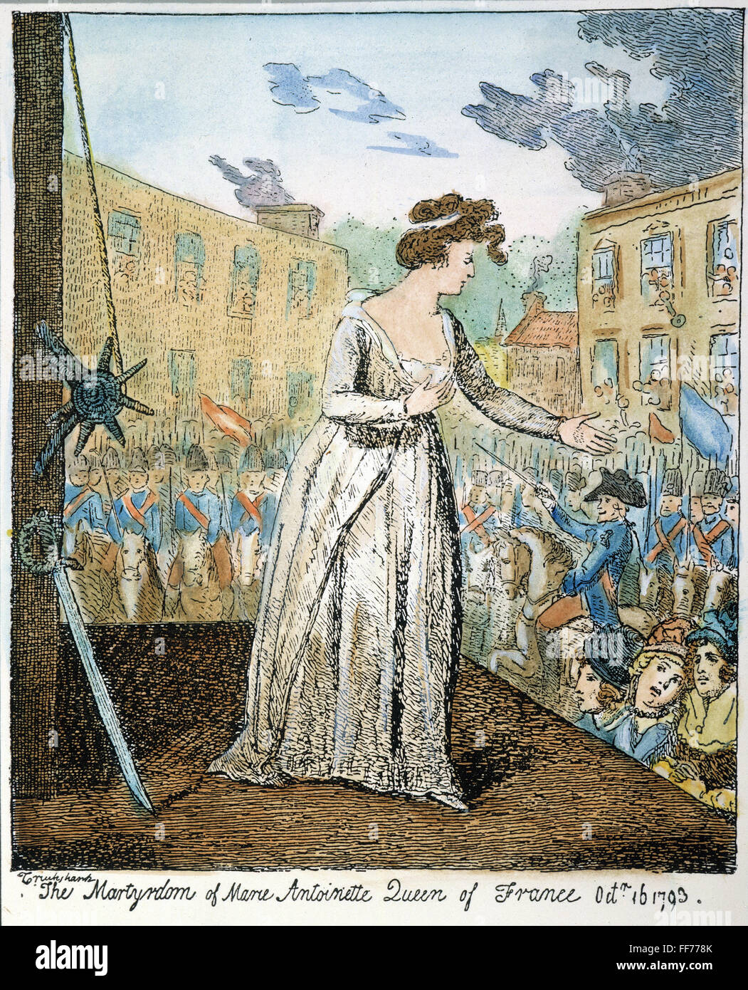 MARIE ANTOINETTE /nat le guillotine, 1793. Gravure couleur par George Cruikshank. Banque D'Images