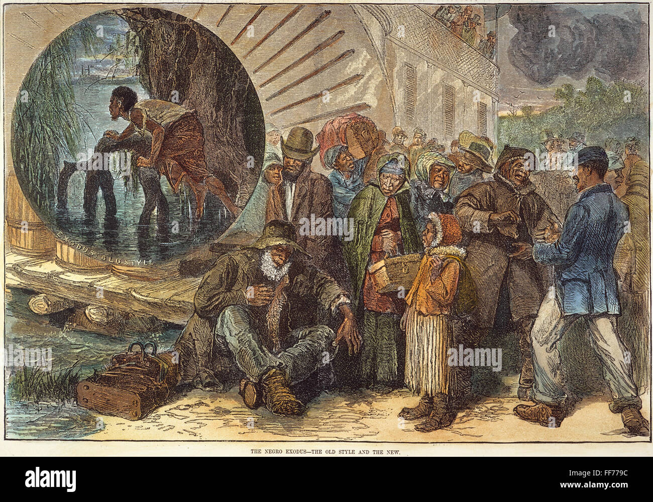 Exode noir, 1880. /Nla migration des Noirs du Sud vers le nord et l'ouest, y compris le Kansas, par rapport à la 'old style' exode d'un esclave (encart). La gravure sur bois, cuisine américaine, 1880. Banque D'Images