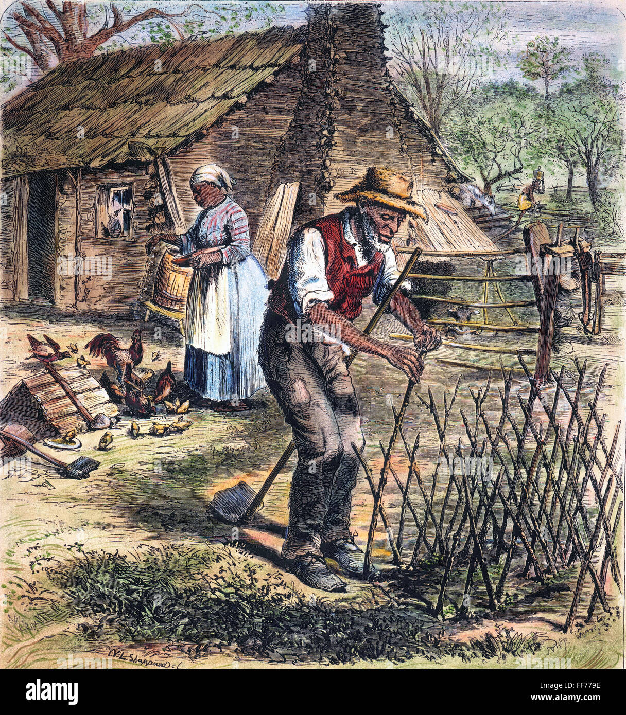 Les métayers noirs, 1870. /NBlack métayers dans le Sud américain : gravure couleur, 1870. Banque D'Images