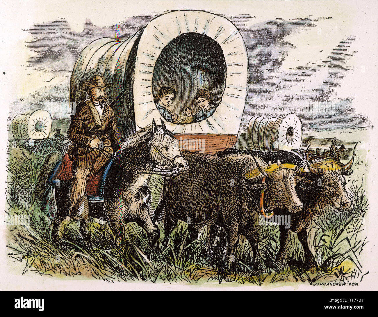 Émigrants à l'Ouest, 19e C. /nEmigrants traversant les plaines. Gravure couleur, 19e siècle. Banque D'Images