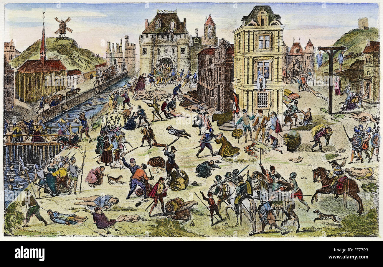 MASSACRE des huguenots. /Nla massacre des Huguenots à Paris, en France, le jour de la Saint-Barthélemy, 24 août 1572. Gravure couleur après le tableau de François Dubois, un Huguenot témoin oculaire. Banque D'Images