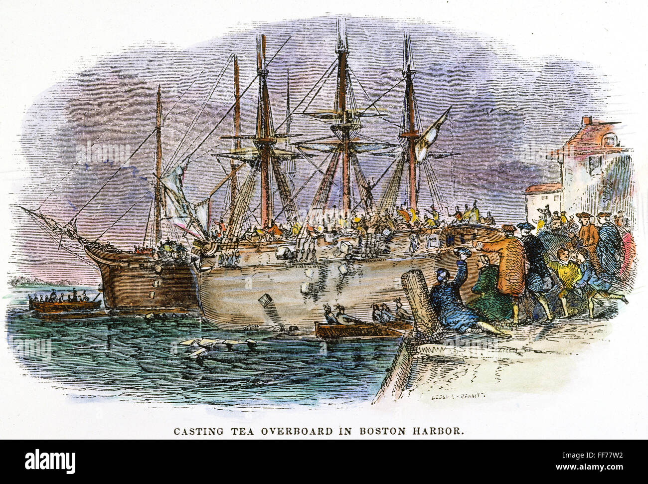 Le Boston Tea Party, 1773. /N16 décembre 1773. Gravure couleur, 19e siècle. Banque D'Images