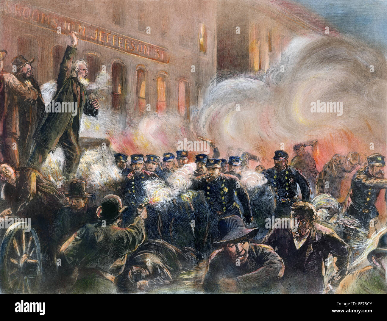 L'émeute de Haymarket, 1886. /NRiot à la réunion à Haymarket Square, à Chicago, Illinois, le 4 mai 1886. La gravure sur bois à partir d'un journal américain contemporain. Banque D'Images