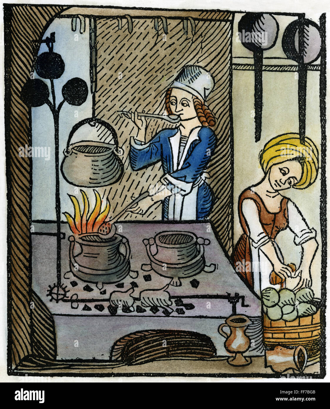 Scène de cuisine, 1507. /NA scène de cuisine. Gravure sur bois en couleur de 'Kuchen-meisteri', un livre allemand publié à Augsbourg en 1507. Banque D'Images