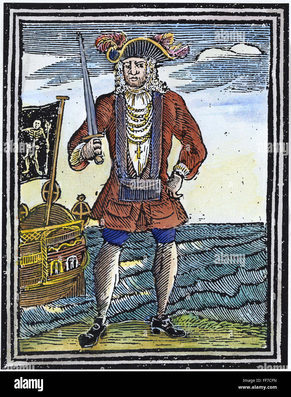 PIRATE, 1725. /Nla pirate Bartholomew Roberts. Anglais couleur gravure sur bois, 1725. Banque D'Images