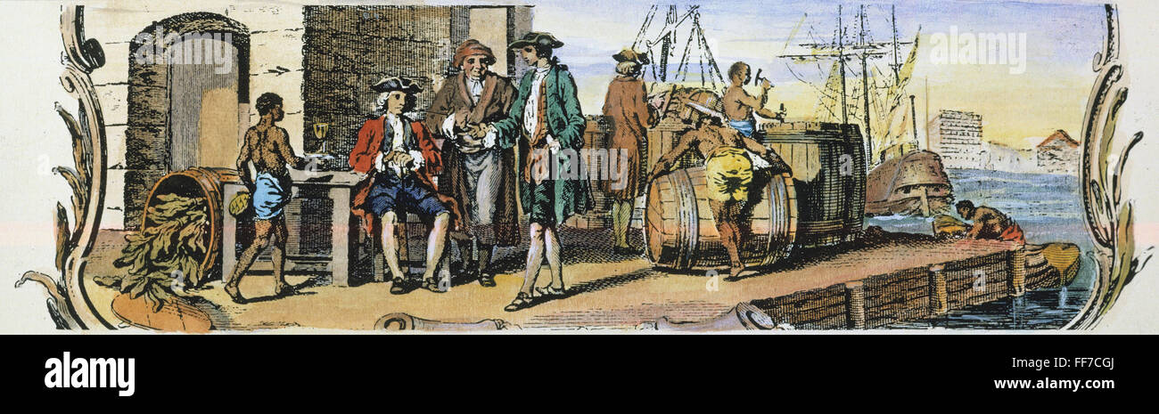 Entrepôt de tabac, 1775. /NTobacco au quai de l'entrepôt en Virginie. La gravure de ligne, anglais, 1775. Banque D'Images