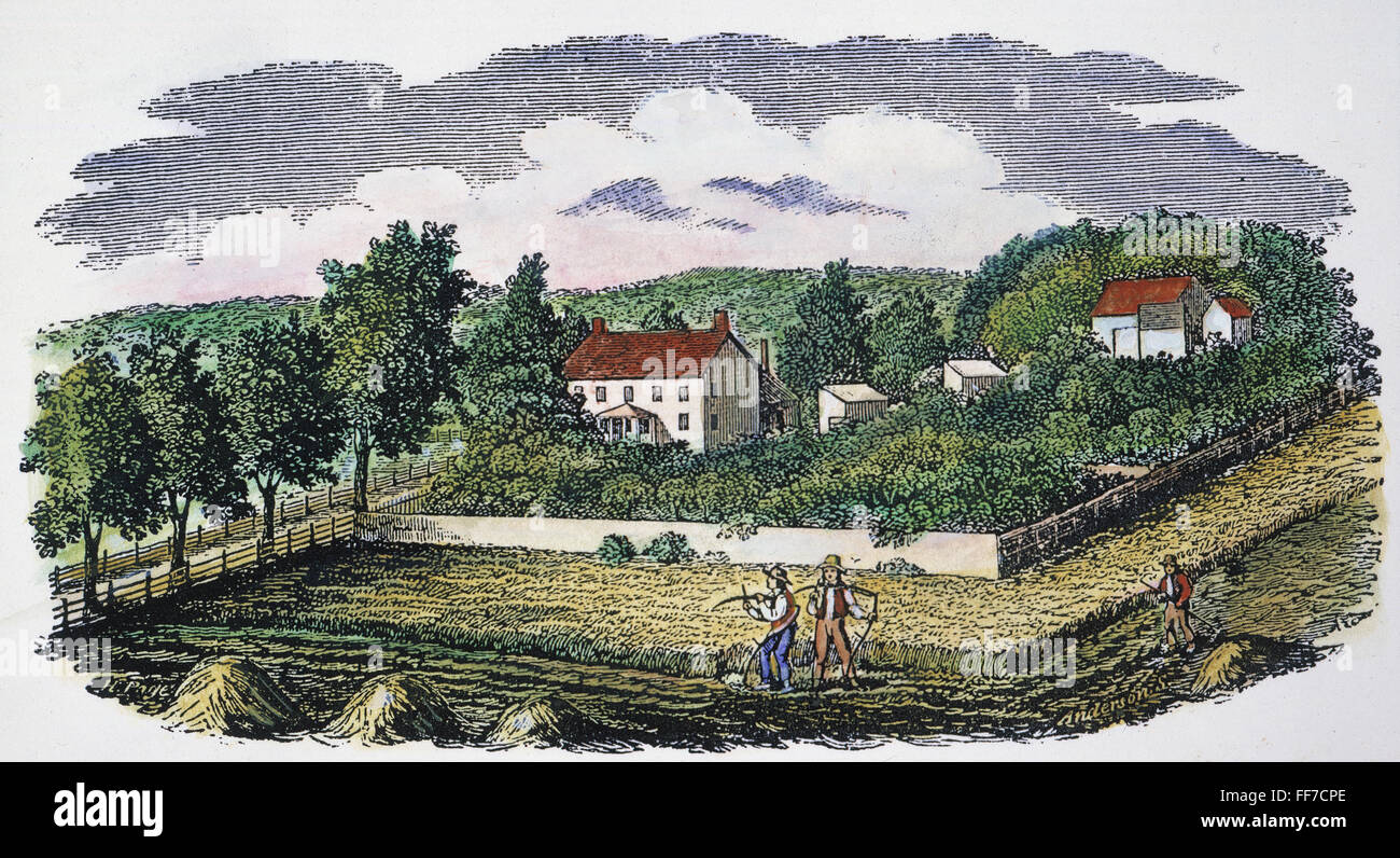 AMERICAN FARM HOMESTEAD. /NIn Cranbury, dans le New Jersey. Gravure couleur, c1810. Banque D'Images