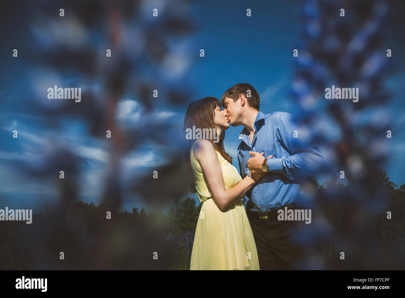 En couple et faire place au champ de fleurs de lupin smiling Banque D'Images