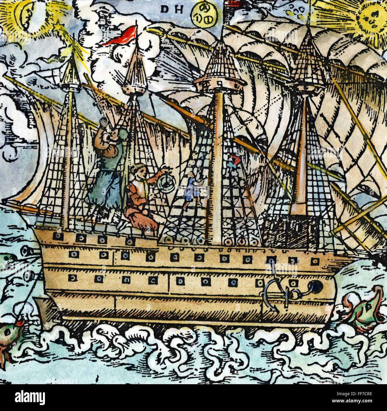 Les marins Observation, 1557. /NMariners sur une observation d'étoiles avec un personnel (à gauche) et sur le soleil avec un astrolabe. Gravure sur bois allemande, 1557. Banque D'Images