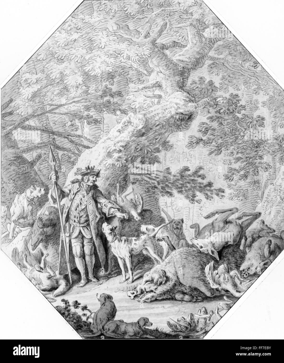 La chasse, "le chasseur dans l'automne', gravure sur cuivre, par Johann Elias Ridinger (1698 - 1767), 18e siècle, l'artiste n'a pas d'auteur pour être effacé Banque D'Images