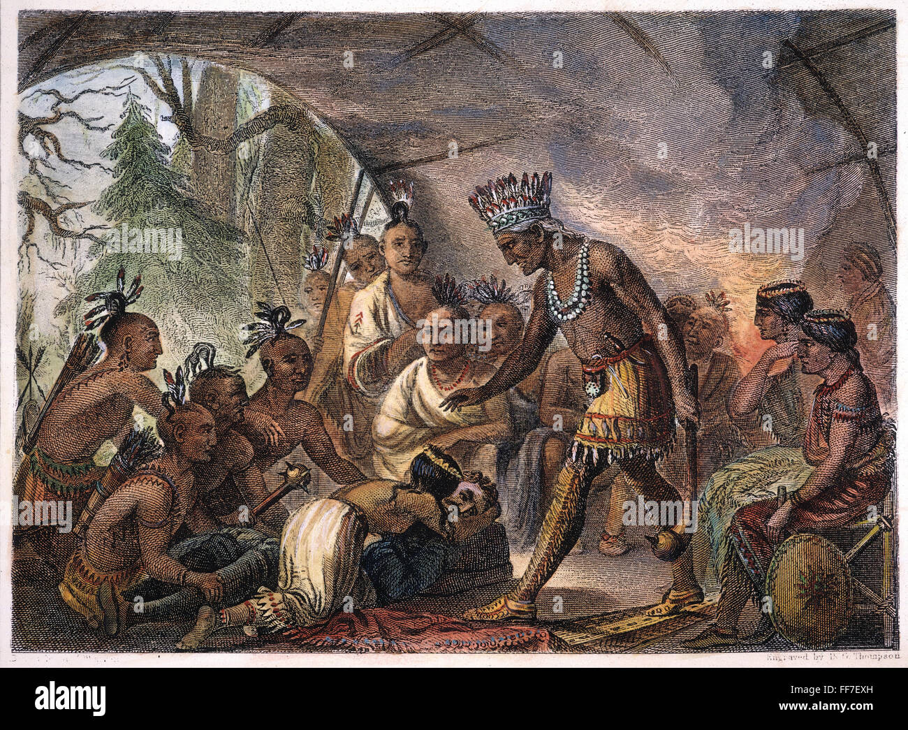 POCAHONTAS, 17ème siècle. /Nl 12 ans plaide avec Pocahontas Powhatan, son père, pour la vie du capitaine John Smith : La gravure du xixe siècle. Banque D'Images