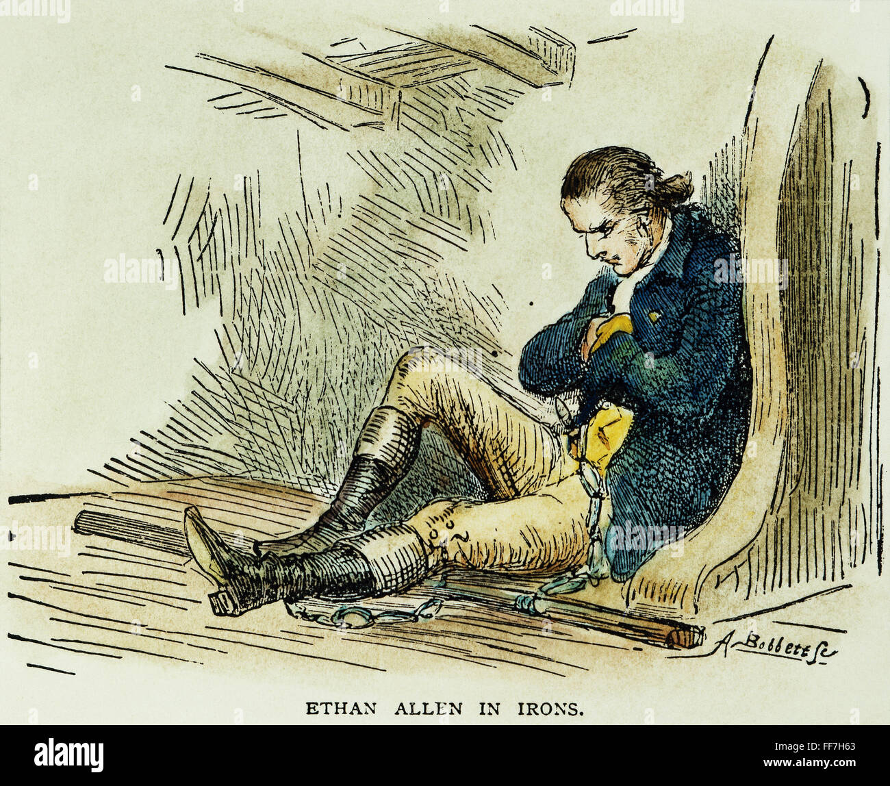 ETHAN ALLEN (1738-1789). /NEthan Allen en prison après sa capture par les Britanniques à Montréal en 1775. Gravure couleur, 19e siècle. Banque D'Images