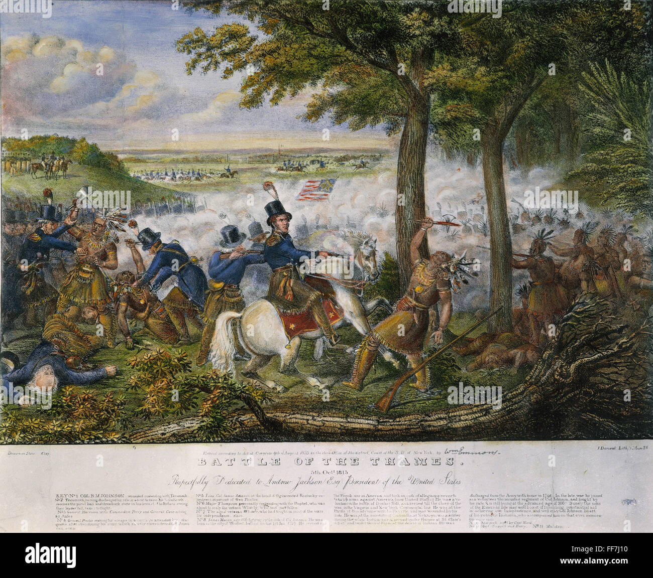 La mort de Tecumseh, 1813. /Nla mort de Tecumseh à la bataille de la Thames, 5 octobre 1813. Lithographie américaine, 1833. Banque D'Images