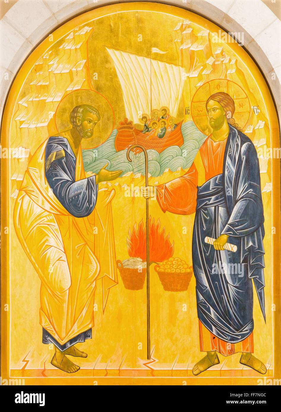 Jérusalem, Israël, 2015 : La pierre et Jésus au miracle de la pêche. Icône dans l'église Saint-Pierre en Gallicantu par artiste inconnu Banque D'Images Jérusalem, Israël, 2015 : La pierre et Jésus au miracle de la pêche. Icône dans l'église Saint-Pierre en Gallicantu par artiste inconnu Banque D'Images