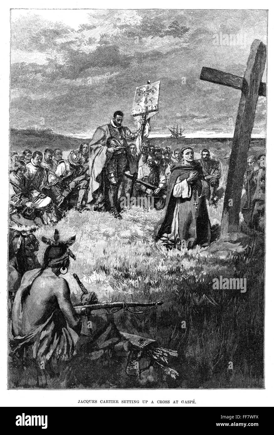 JACQUES CARTIER (1491-1557). /NFrench explorer en Amérique du Nord. Cartier  érige une croix à l'entrée du port de Gaspé (Québec), le 24 juillet, 1534 :  la gravure sur bois, 19e siècle Photo Stock - Alamy