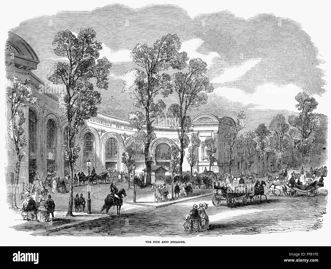 EXPOSITION UNIVERSELLE, 1855. /Nla Beaux-Arts bâtiment à Paris, France. La gravure sur bois à partir d'un journal anglais contemporain. Banque D'Images