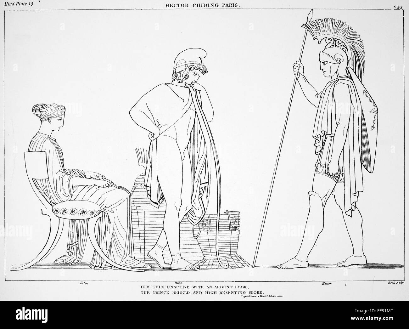 Homère : L'Iliade. /NHector, habillé pour la bataille, Paris gronde qui porte un chapeau de paysan ou de l'inactivité, symbole de kyne. Dessin de John Flaxman, c1792. Banque D'Images