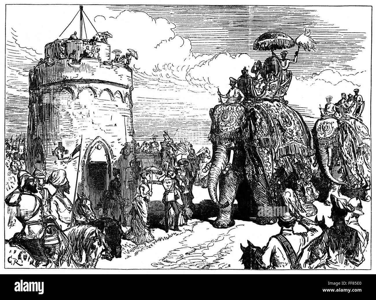 L'HISTOIRE DU MONDE : l'Inde. /Nla Durbar impérial de l'Inde à Delhi. Lord Lytton, vice-roi de l'Inde, en passant par le Flagstaff Tower : Anglais la gravure sur bois, 1877. Banque D'Images