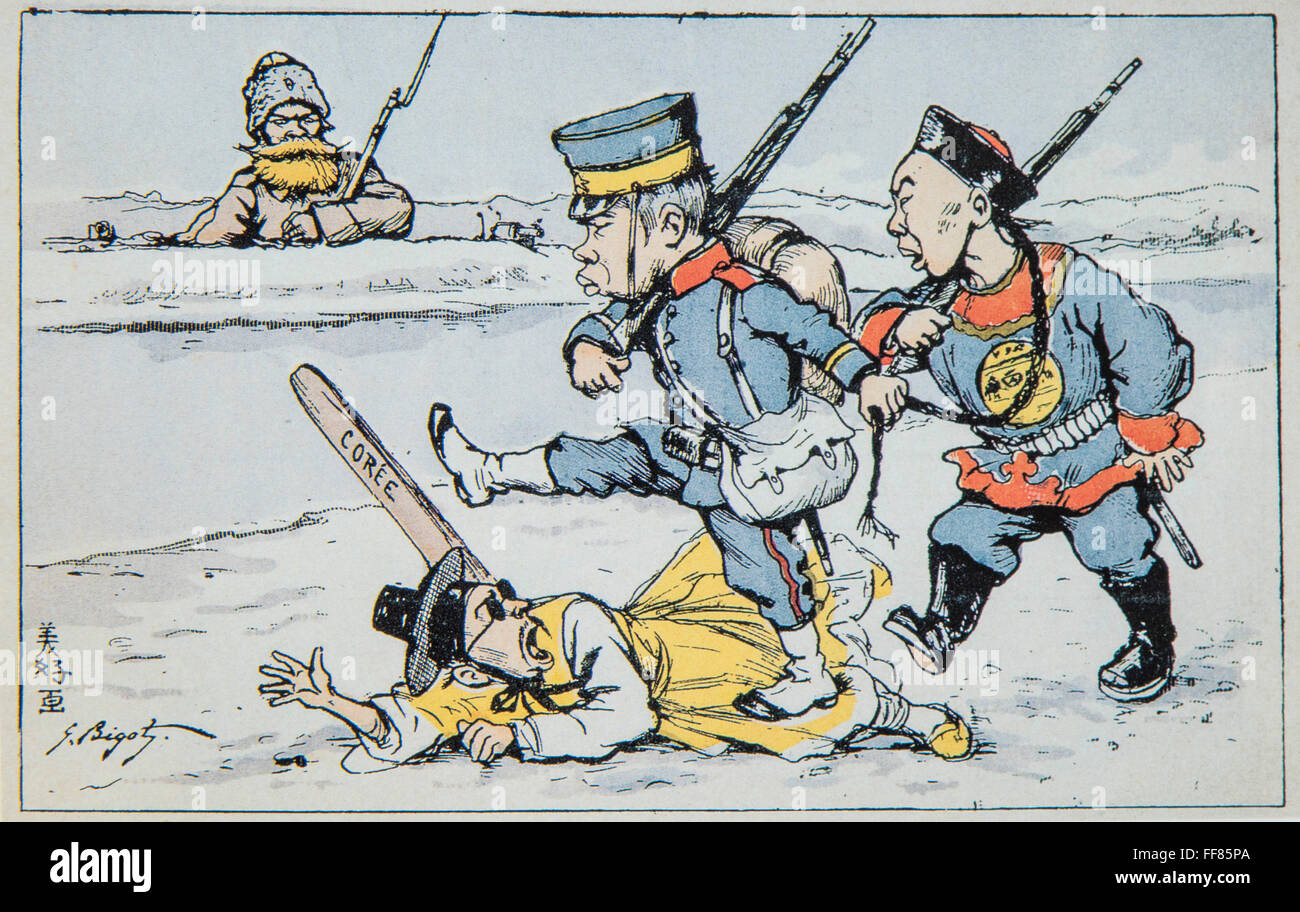 Caricature de Georges Ferdinand Bigot (1860-1927) invasion japonaise de la Corée. Guerre Japan-Russo. Banque D'Images
