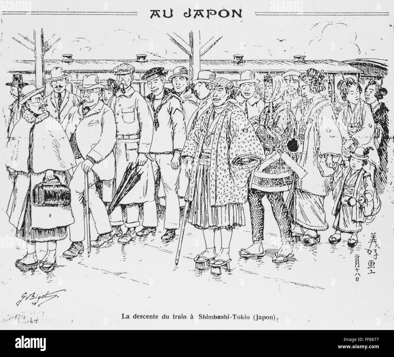 Caricature de Georges Ferdinand Bigot (1860-1927) la gare de Shimbashi.1927. Banque D'Images