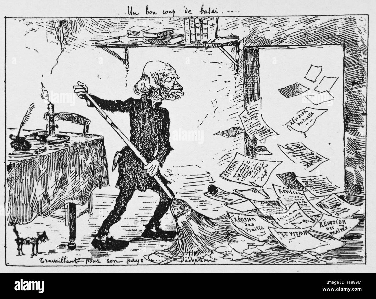 Caricature de Georges Ferdinand Bigot (1860-1927) Gustave Boissonade. Il balaie la révision du traité. 1887. Banque D'Images